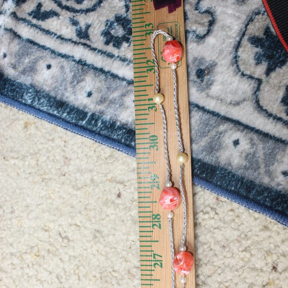 Necklace Long Station Coral Marbled Bead Faux Pearl 66